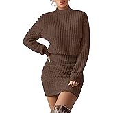Velvelhall Women's Pullover Sweater Dress Long Lantern Sleeve Ribbed Knit Mock Neck Ruched Bodycon Casual Mini Dress 2025