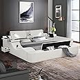 Multifunction Smart Bed - Luxury Bed Frame with Lights and Massage Chair, Upholstered Bed Frame with USB Port & Speakers, Lift End Table and 6 Storage Space, No Box Spring Needed (Beige, King)