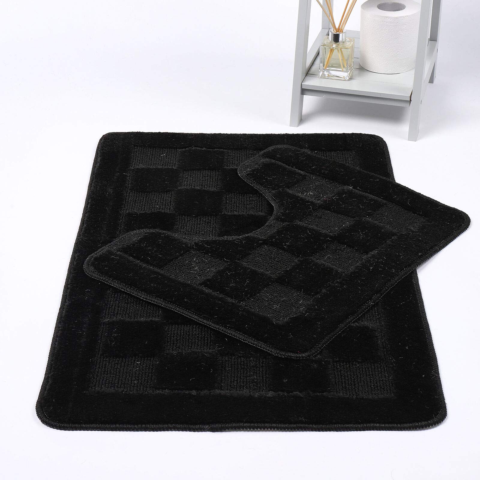 NIGHTZONE Squares 2 Piece Bath Mat & Pedestal Set Non Slip Extra Absorbent Bathroom Toilet Rug Bath Mats Set (Black)