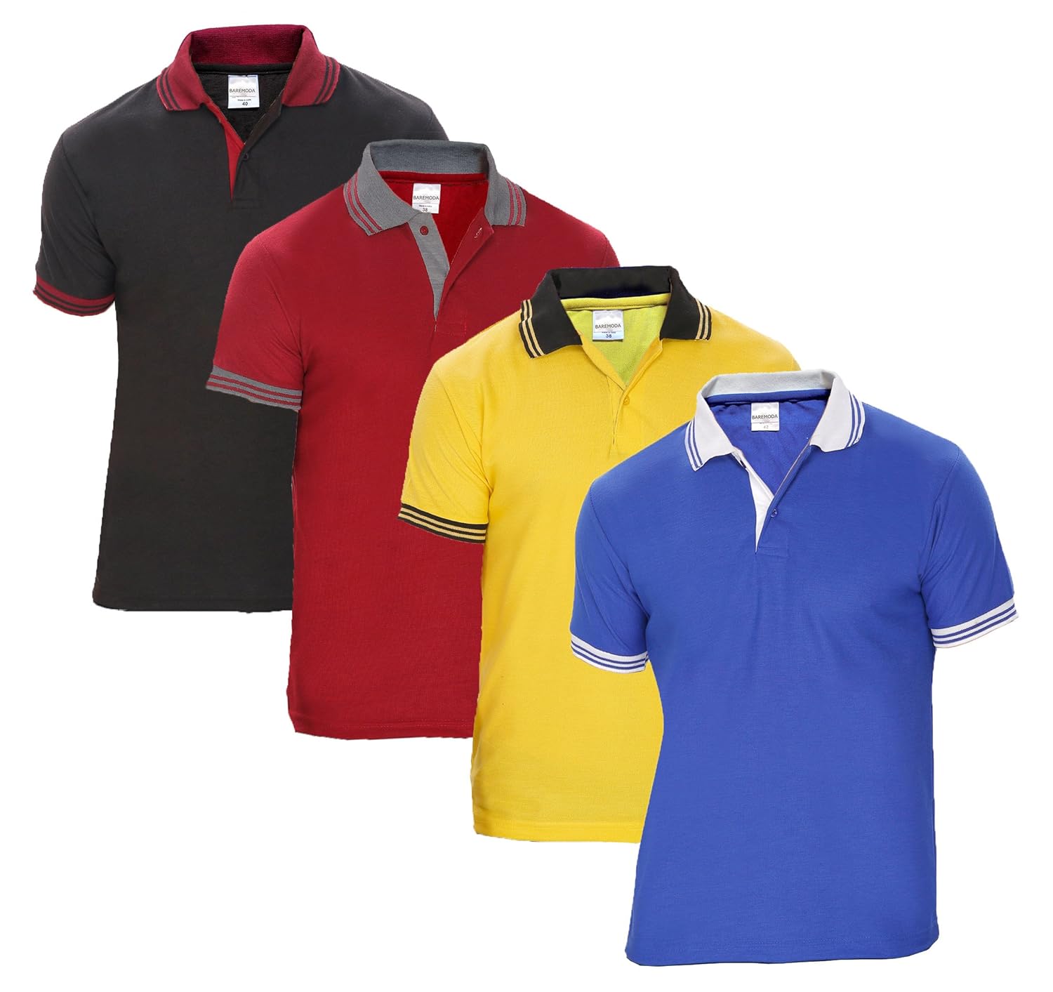 baremoda men's polo t shirt blue yellow maroon and black combo pack of 4