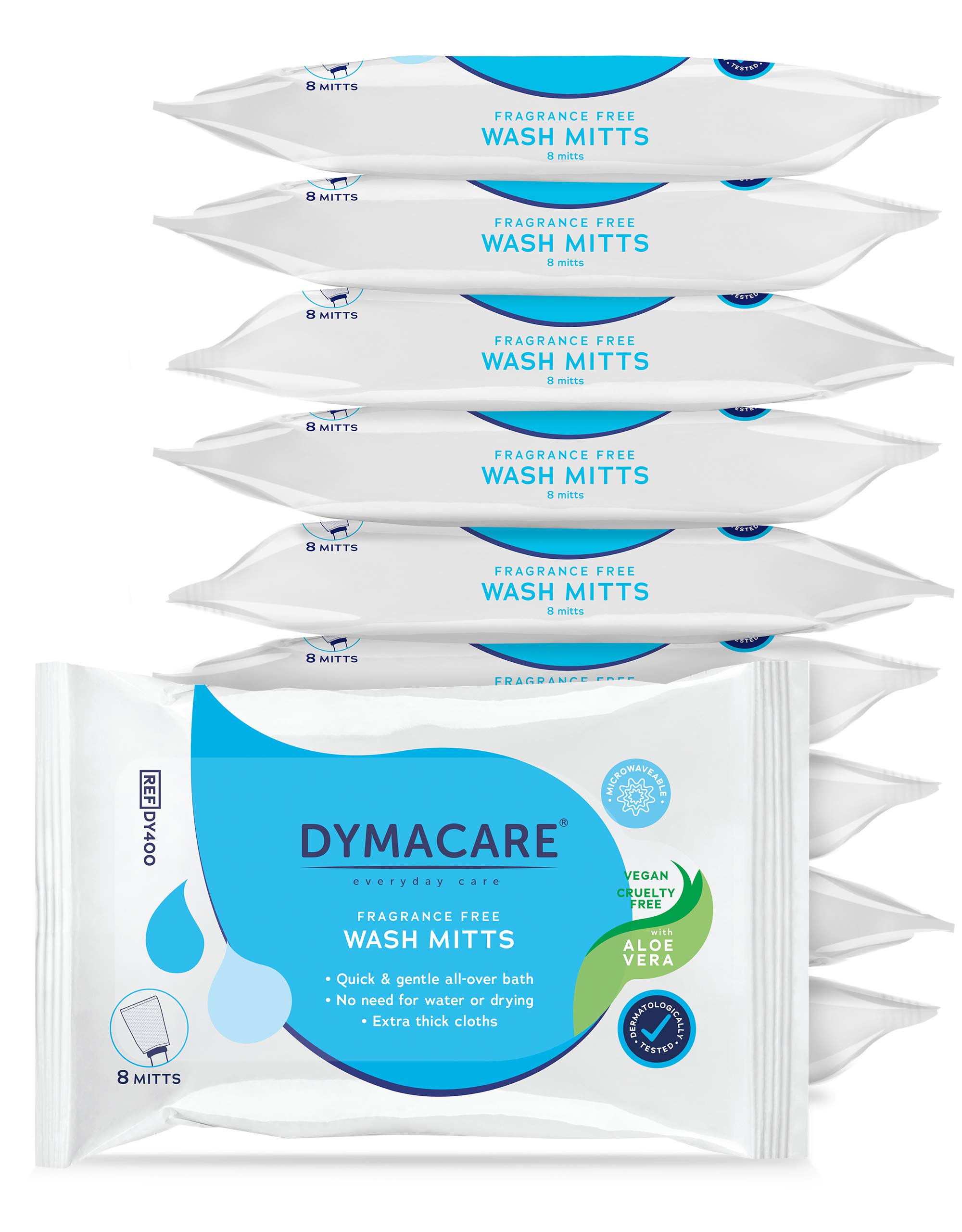 DYMACARE Fragrance-Free Wash Mitts | Rinse Free Microwaveable Adult Bed Bath Wet Wash Gloves | with Aloe Vera | Latex, Lanolin and Alcohol Free | 10 Packs (80 Mitts in Total)