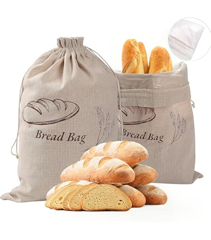 Reusable Linen Bread Bags For Homemade Bread - 2 Pack, Plastic Lined, 13.7x19.6 Inch, Sourdough Storage Bag, Eco-Friendly