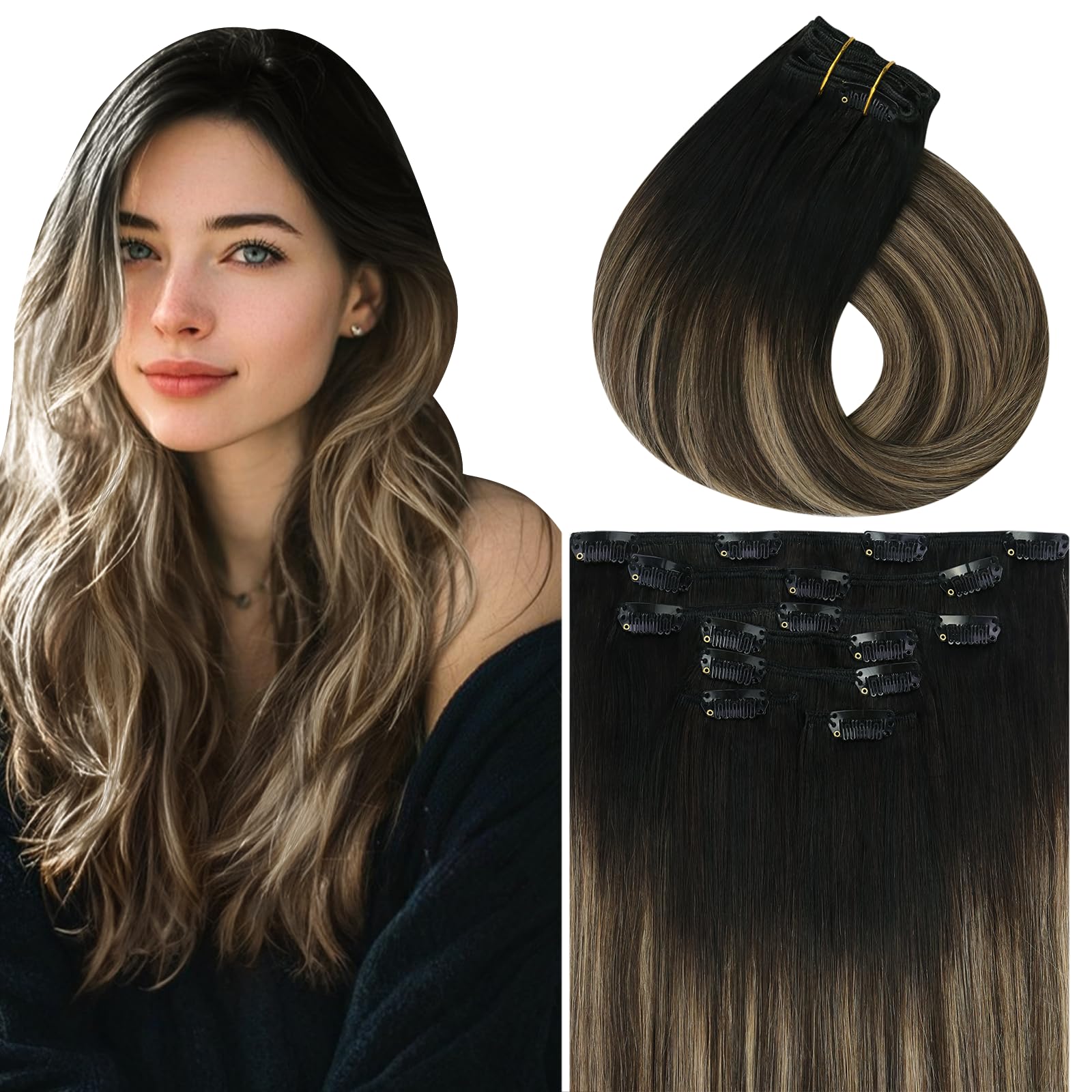 Vivien Clip in Extensions Real Human Hair 18 Inch Natural Black Balayage Brown mix Ash Blonde Invisible Hair Extensions Clip ins Black Ombre Double Weft 120g 7Pcs #1B/4/18