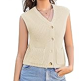 Womens Summer Crop Knit Sweater Vest Sleeveless Button Down Chunky Knit Vest Cardigan with Pockets