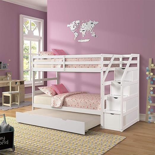 Amazon Com Twin Over Twin Trundle Bunk Beds Wood For Kids With 4