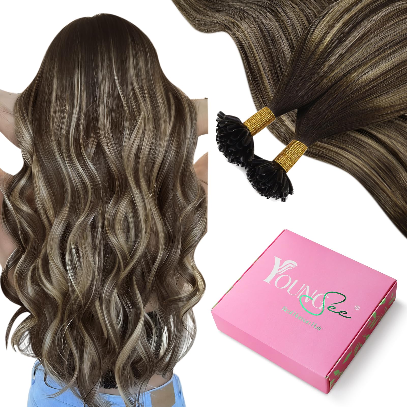 YoungSee Ombre U Tip Hair Extensions Real Human Hair Ombre Dark Brown Mixed Ash Blonde Natural Hair Extensions Utips Human Hair for Women 14In 1G/S 50G Soft Hair — image 1