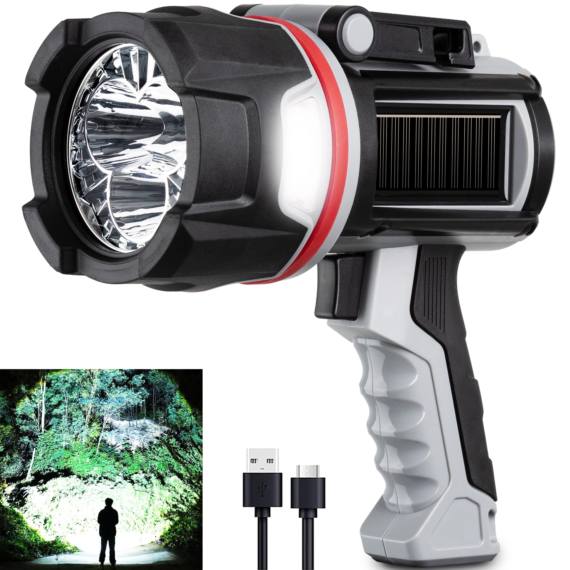 Photo 1 of ***MISSING PARTS***
***STOCK PHOTO FOR REFERENCE ONLY***
MOONASION Rechargeable Spotlight Flashlight, Super Bright 3 LED 2000000 Lumen Long Lasting Handheld Spot Light Spotlight for Hunting Boating Camping