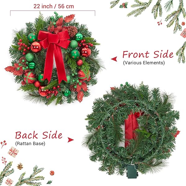 FAIRYLEE CHRISTMAS WREATH FOR FRONT DOOR, 22 INCH LARGE OUTDOOR CHRISTMAS WREATH, LIGHTED XMAS WREATH WITH RED GREEN BALL ORNAMENTS VELVET BOW AND 30 LED LIGHTS FOR FIREPLACE WINDOW HOLIDAY DECOR