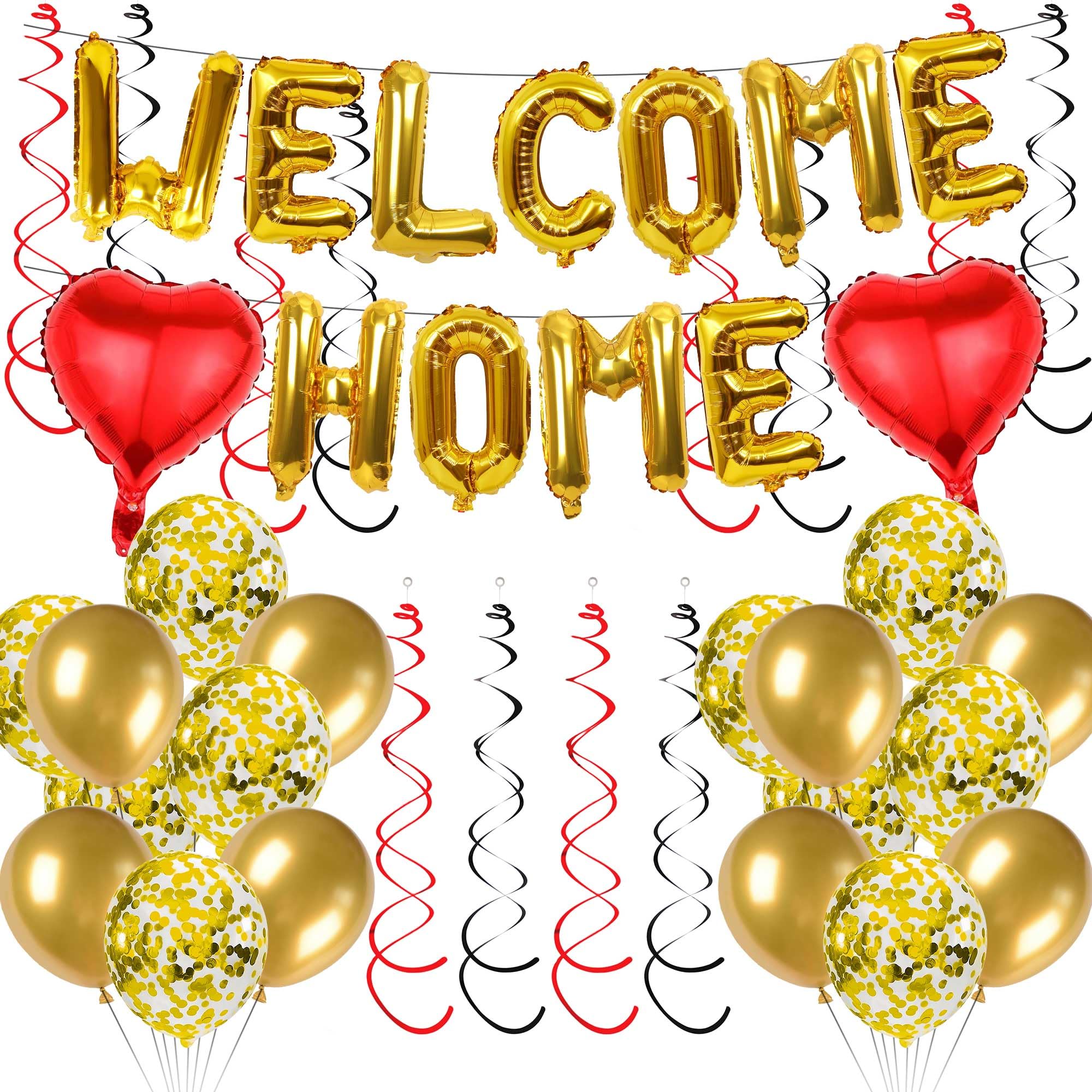 Welcome Home Decorations Balloons Set - 43pcs Gold Welcome Home Balloons Banner Set Heart Shaped Foil Balloon Sequin Balloon Double Spiral Swirl Party Supplies