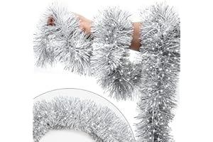 SURCVIO 50FT Silver Christmas Tinsel Garland - Metallic Tinsel Twist Garland for Christmas Tree Decorations, Xmas Tree Decor Home Indoor Holiday Party Supplies