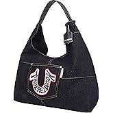 True Religion Hobo Shoulder Bag Purse, Retro Denim Travel Handbag with Oversized Logo, Black