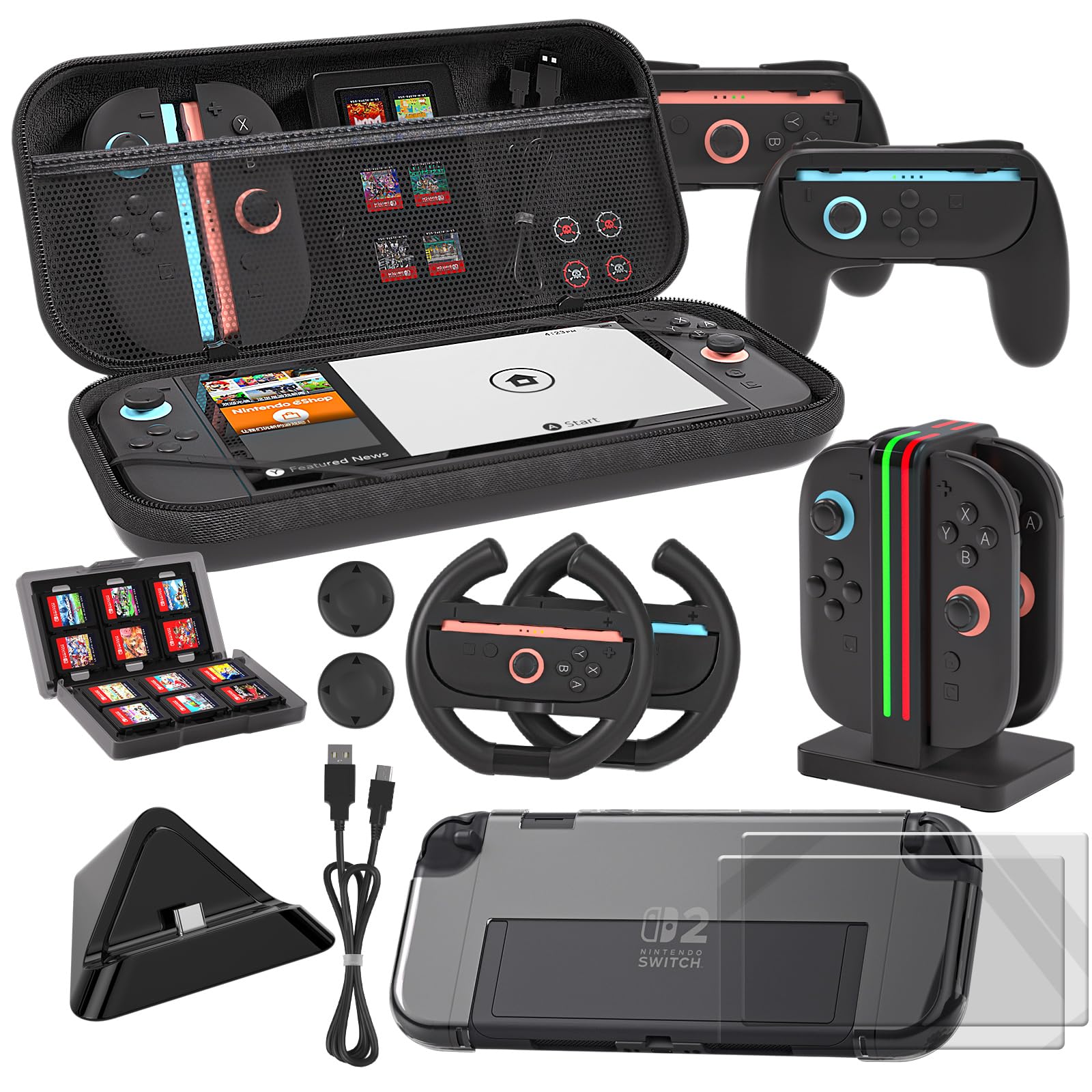 OLYGIVE Switch 2 Accessories Bundle, 14-in-1 Carrying Case Kit with Charger Dock, Joy-Con Wheels, Grips, Screen Protector, Protective Cover (Grey)
