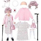 Boutrele 11 Pcs Old Lady Costume for Kids,100 Days of School Costume Girls,Granny Grandma Costumes Kids Accessories