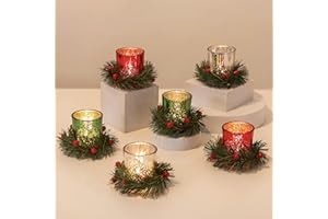 Romadedi Votive Candle Holder Christmas Decor - Set of 6 Mercury Glass Tealight Holders with Wreath Ring for Tea Light Coffee Dining Table Centerpiece Indoor Decoration Home Party