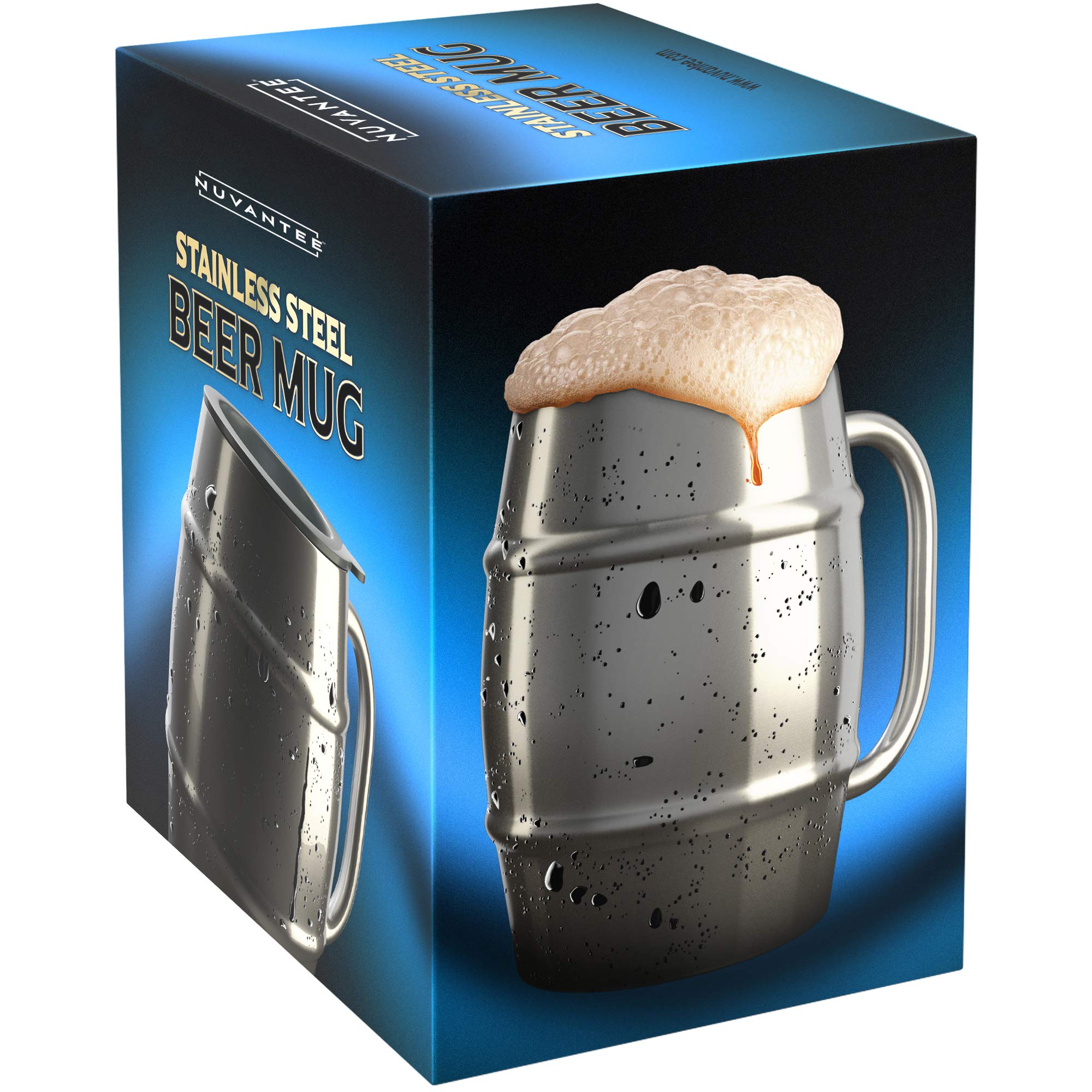 Nuvantee Beer Mug – Premium Stainless Steel Mug / Coffee Cup With Bonus Lid – 16.9 OZ Double Wall Air Insulated - Better Then Glass Mugs - Perfect Gift For Men
