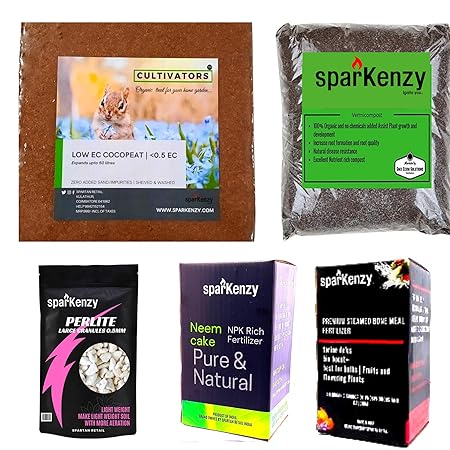 Sparkenzy Premium DIY Potting Soil Mix | Cocopeat 5kg, Perlite 500grams, Vermicompost 3kg, Bone Meal 500grams and Neem Cake 500grams - Make Upto 40 kg of Potting Soil Mix at Home