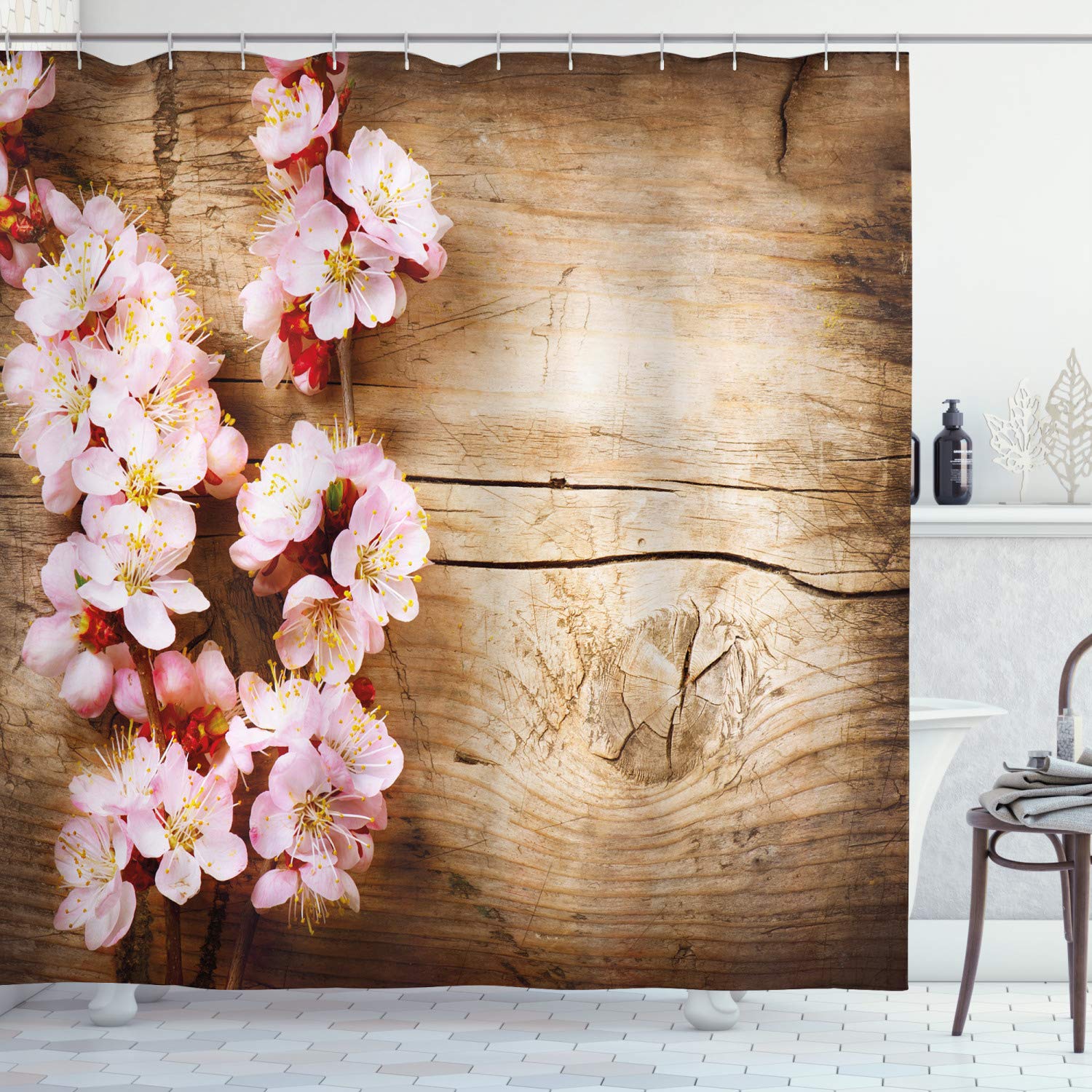 ABAKUHAUS Floral Shower Curtain, Spring Blossom Orchard Featured Plant on Wooden Board Background Image, Cloth Fabric Bathroom Decor Set with Hooks, 70 Inches, Sand Brown Pale Pink