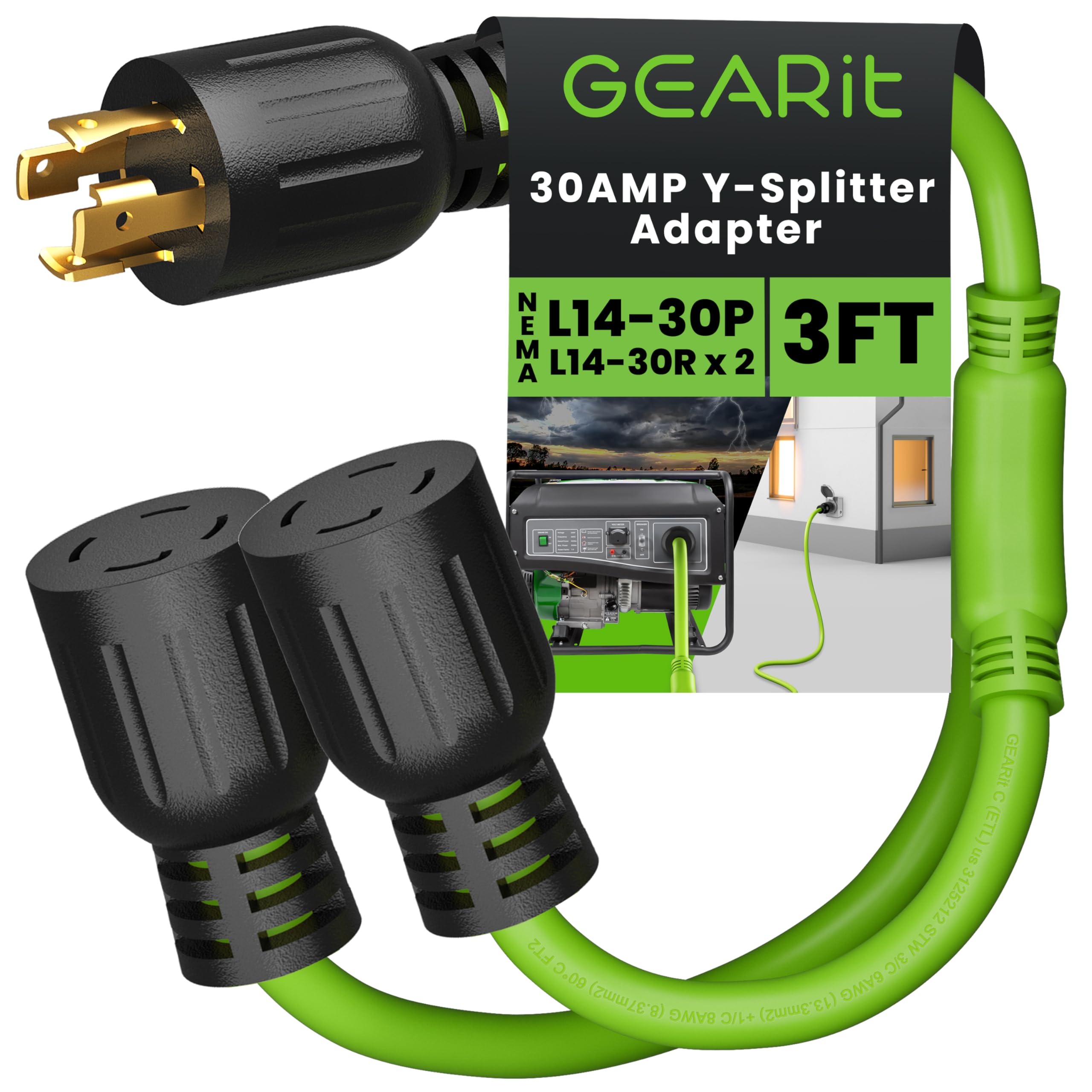 GEARit 30-Amp Generator Splitter Y Adapter Cord - NEMA L14-30P to (2) L14-30R, 4-Prong 120/250-Volt 7500W, 10 Gauge SJTW Locking Power Cord for Manual Transfer Switch, Portable Generators, Outages 3ft Image
