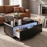 Smart Coffee Table with 93L Fridge Drawers, Speaker &amp; Wireless Charging | Quiet 36dB Independent Dual-Zone Cooling with Blue Music-Reactive Light &amp; 3 USB Ports (2A+1C), No Assembly Required