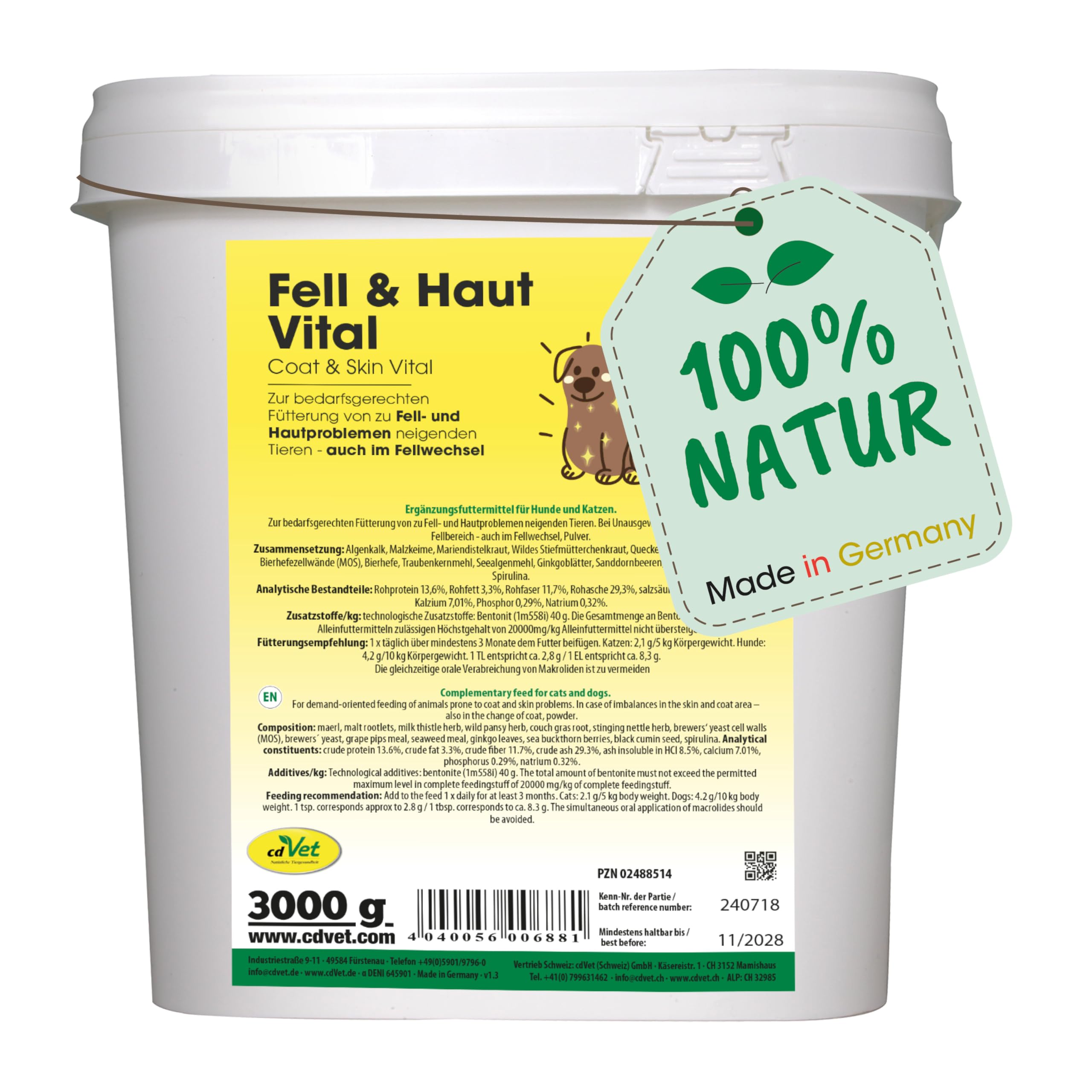 cdVet Naturprodukte Fell & Haut Vital Hund & Katze 3 kg - Dog, cat - Complementary feed - coat + skin problems - coat change - organism support - hair rupture - dandruff - hair loss - โ image 1