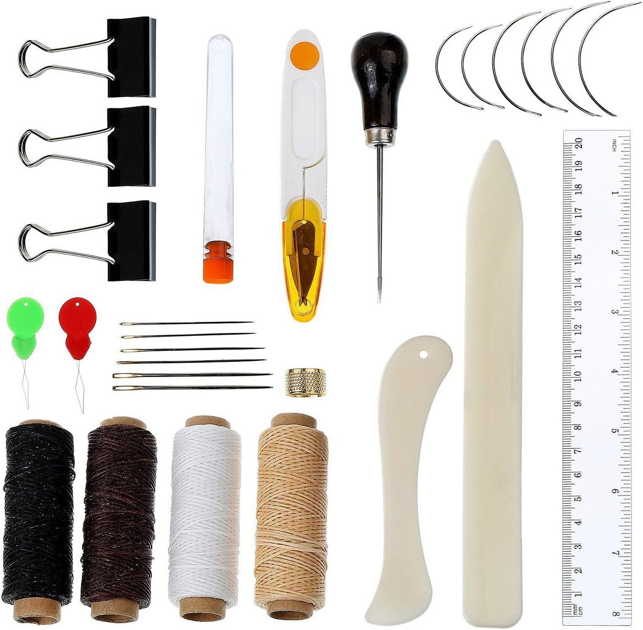 Musuntas 28pcs Bookbinding Tools Starter Tools Set Bone Folder Paper Creaser Waxed Linen Thread Wood Handle Awl Large-Eye Needles for Handmade Books Bookbinding and Sewing Supplies