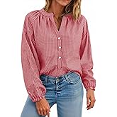 Cicy Bell Womens Puff Long Sleeve Blouse Gingham Pleated V Neck Button Down Shirts Loose Fit Dressy Casual Fall Tops