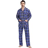amaxer Men's Flannel Pajamas Set Warm Winter PJs Long Sleeve 100% Cotton Elastic Waistband Button Fly