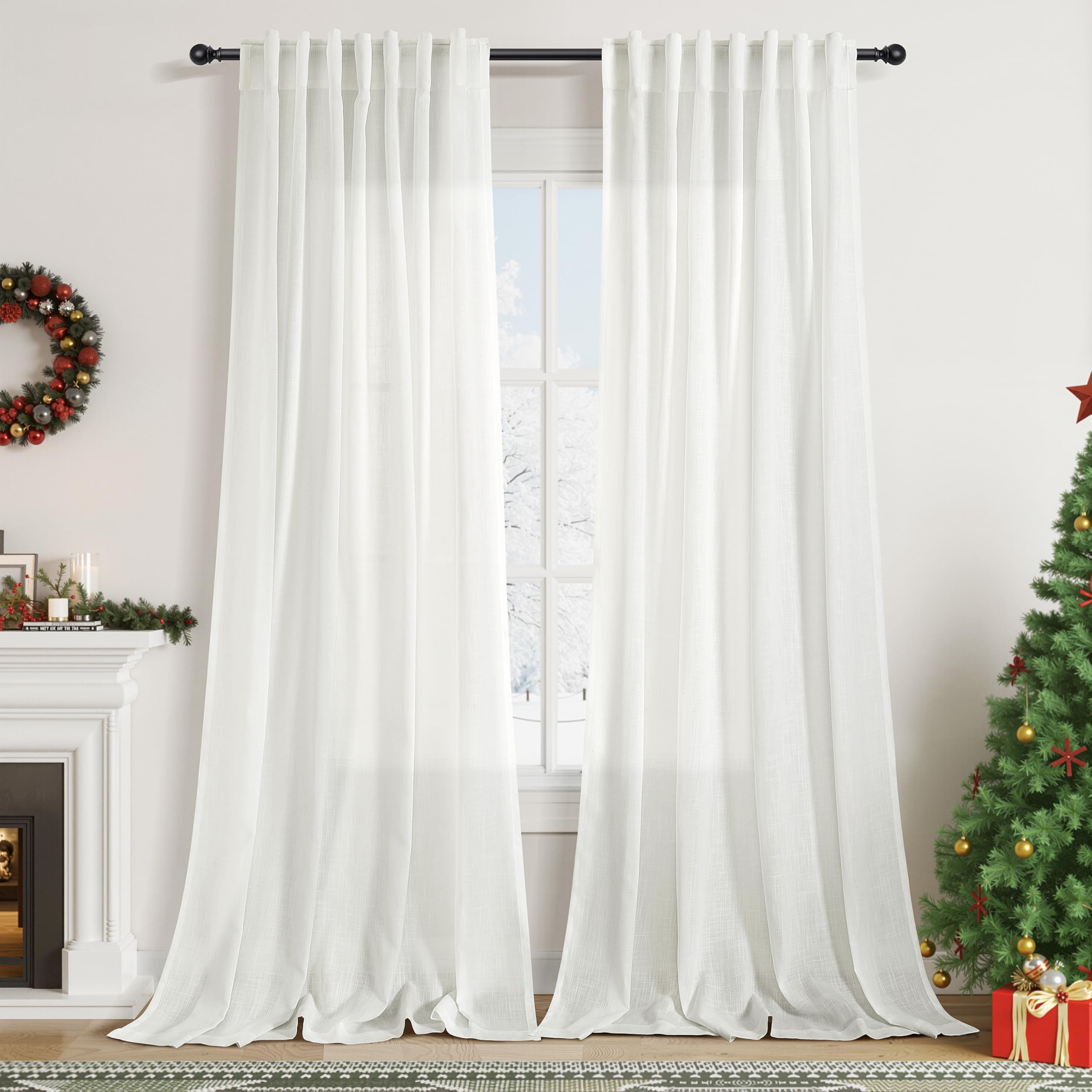 Photo 1 of Extra Long Off White Curtain 108 inches Long 2 Panels Set for Living Room Back Tab Modern Farmhouse Coastal Decor Cotton White Sheer Linen Curtains 108 inch Length for Large Window 9 FT Tall