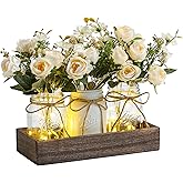 DUOER 3 Pcs Mason Jar Centerpiece Table Decorations for Dining Table Decor Farmhouse Coffee Table Decor with Wood Tray and Led Light Table Centerpieces for Dining room Kitchen Living Bathroom,White