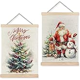 LUVADIAN Merry Christmas Wall Art with Wood Poster Hanger Set of 2, Christmas Tree Wall Decor Santa Claus Snowman Posters Artwork for Walls Decorations, 12x16 Inches