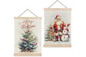 LUVADIAN Merry Christmas Wall Art with Wood Poster Hanger Set of 2, Christmas Tree Wall Decor Santa Claus Snowman Posters Artwork for Walls Decorations, 12x16 Inches