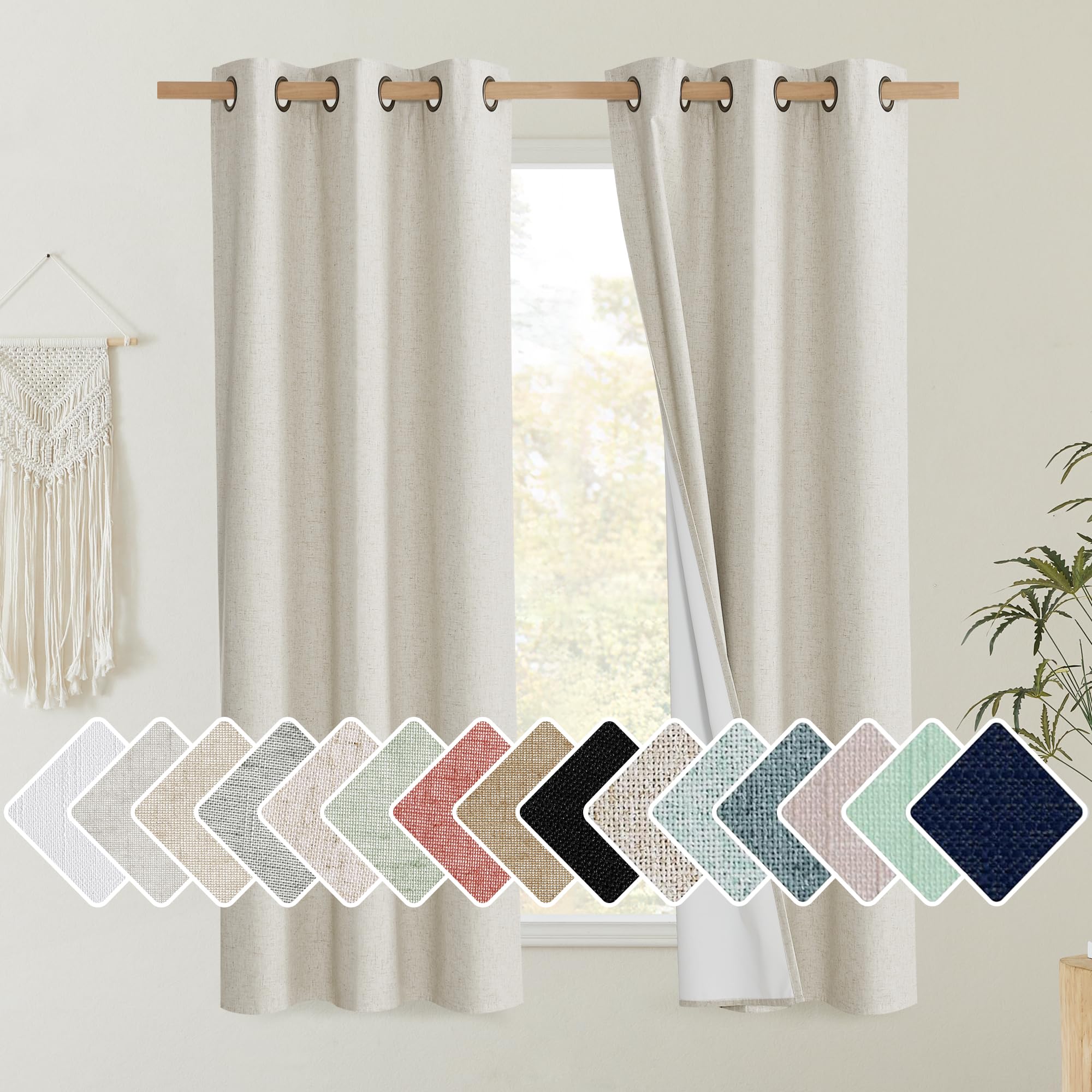 Photo 1 of NICETOWN Natural Thick Linen Blend 100% Blackout Curtains 60" Long 2 Panels Set for Bedroom, 34" Wide, Rustic Grommet Thermal Insulated Flax Textured Full Blackout Window Draperies with White Liners