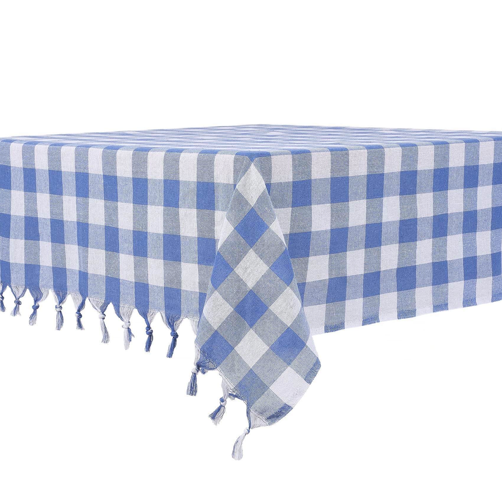 DESTALYA Checkered Tablecloth Picnic Blanket, 100% Cotton Buffalo Check Plaid Gingham Rustic Style Linen Table Cover for Kitchen (Blue 140 cm)