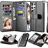 Njjex Galaxy S22 Ultra Case, for Samsung Galaxy S22 Ultra Wallet Case, [9 Card Slots] PU Leather ID Credit Holder Folio Flip [Detachable] Kickstand Magnetic Phone Cover & Lanyard [Black]