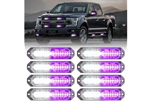PKINGLAKE 8-Pcs Purple/White LED Funeral Escort Emergency Strobe Grille Lights Bar, Ultra Slim Sync Feature Surface Mount Hazard Warning Flashing Light for Firefighter/Police/Trucks/Vehicles/Car