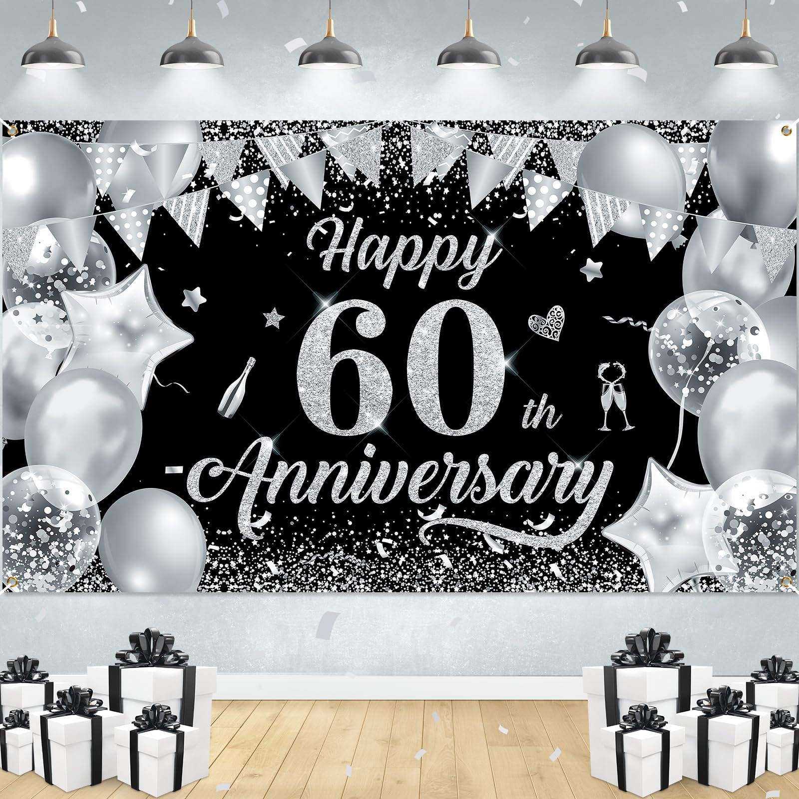 60th Wedding Anniversary Decorations Banner Black Silver Happy 60th Anniversary Banner for Men Women 60th Anniversary Party, 60th Diamond Wedding Anniversary Party Decorations 72.8 * 43.3in
