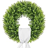 Vlorart 20-Inch Boxwood Wreath, Artificial Boxwood Wreath Front Door Wreaths Artificial Spring Summer Greenery Hanging with A Plaid Bowand Sash for Front Door Wall Hanging