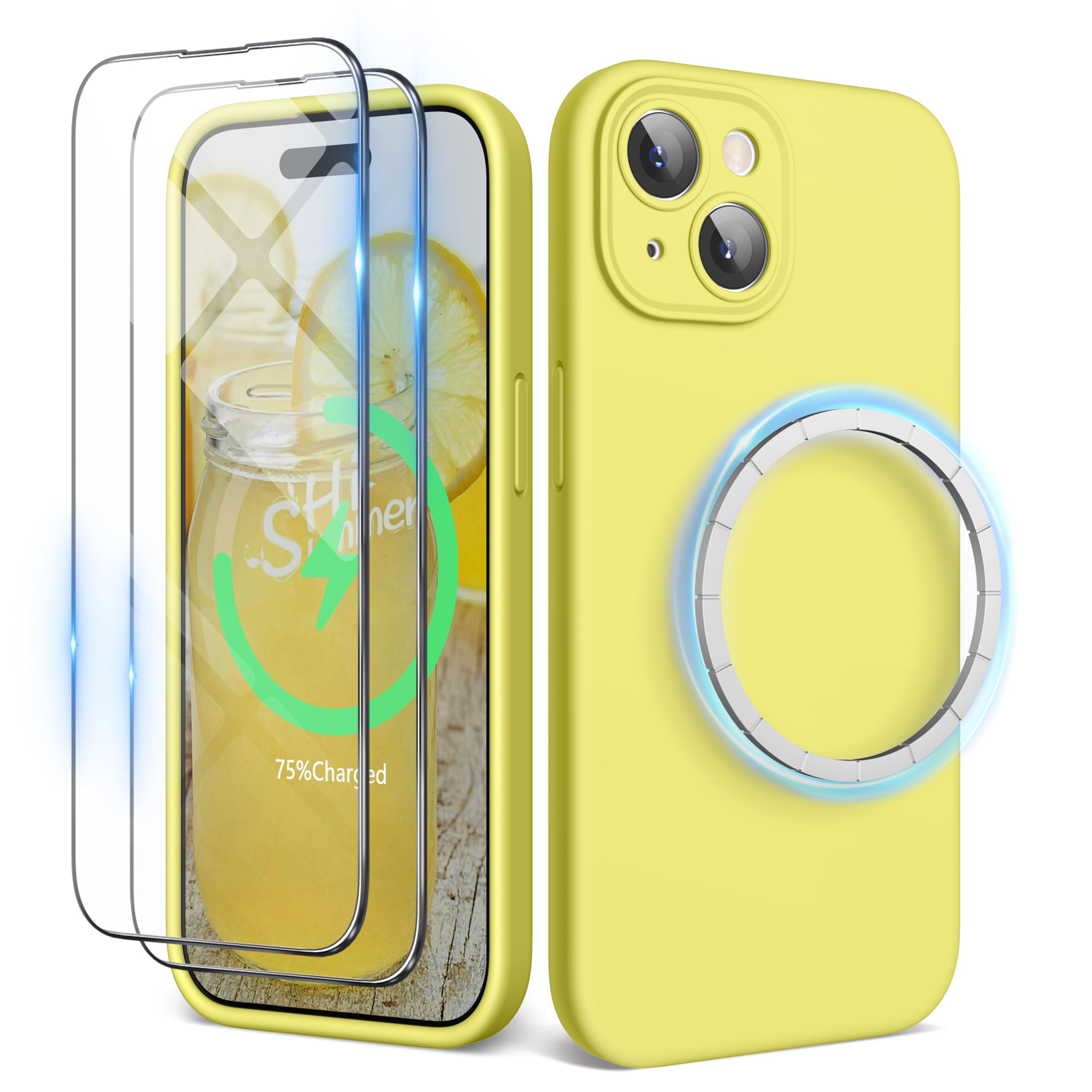 SURPHY Magnetic Case for iPhone 15 Case with Screen Protector, Liquid Silicone Anti-Scratch Compatible with MagSafe Gel Rubber Phone Case for iPhone 15 6.1 inch, Yellow