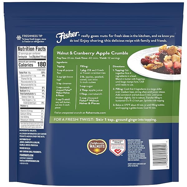 FISHER CHEF’S NATURALS WALNUT HALVES & PIECES 2 LB, 100% CALIFORNIA UNSALTED WALNUTS FOR BAKING & COOKING, HEALTHY SNACKS FOR ADULTS, RESEALABLE BAG, VEGAN PROTEIN, KETO SNACK, CHOPPED NUTS, TOPPING