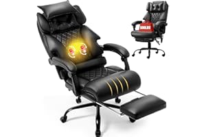 BLISNEST Massage Office Chair with Foot Rest,3D Kneading & Heat Executive Office Chairs,Big and Tall Leather Office Chair 500LBS,Ergonomic Desk Chair for Heavy People,Recliner with Dual-Use Pillow,Black