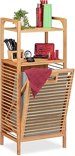 Relaxdays Badregal mit Wäschekorb, herausnehmbare Faltbox aus Stoff, Regal aus Bambus, HBT 95 x 40 x 30 cm, natur/grau, Polyester