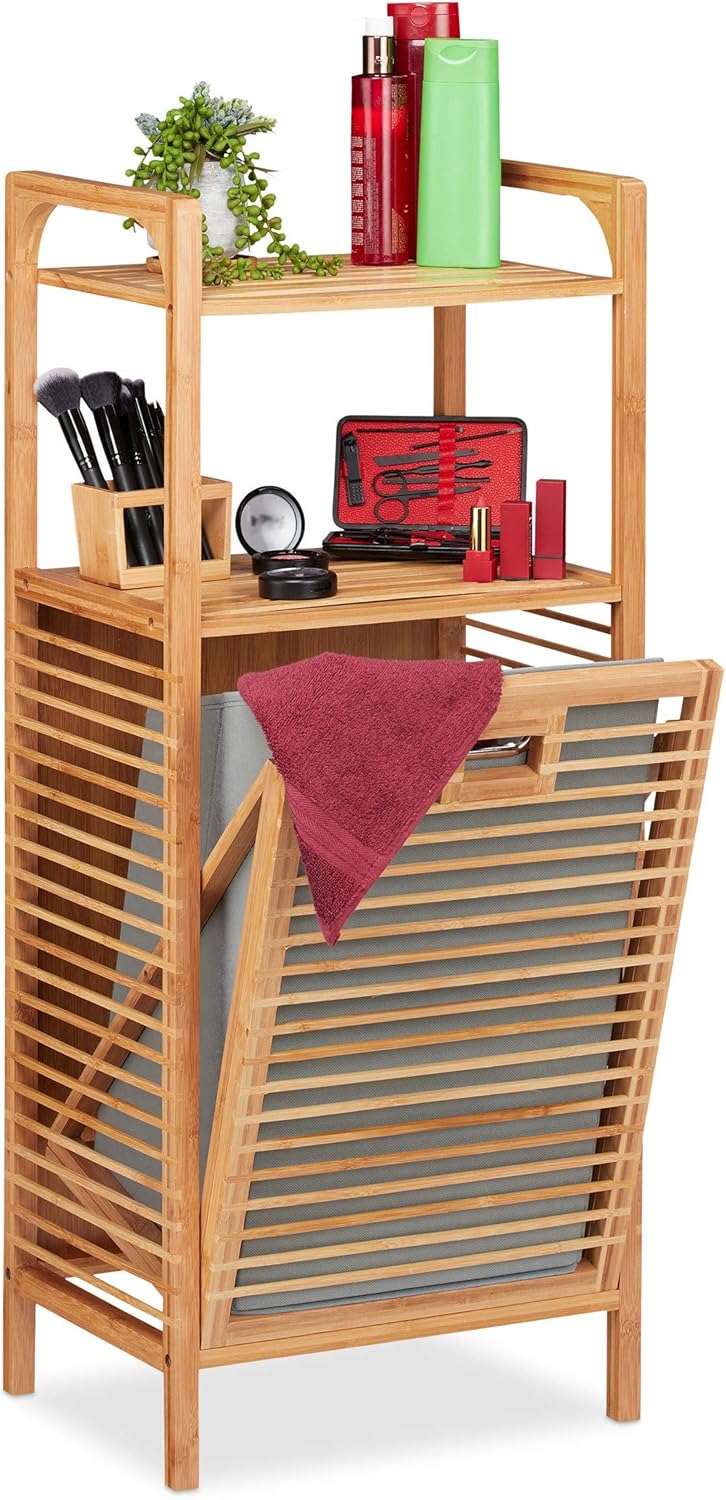 Relaxdays Badregal mit Wäschekorb, herausnehmbare Faltbox aus Stoff, Regal aus Bambus, HBT 95 x 40 x 30 cm, natur/grau, Polyester