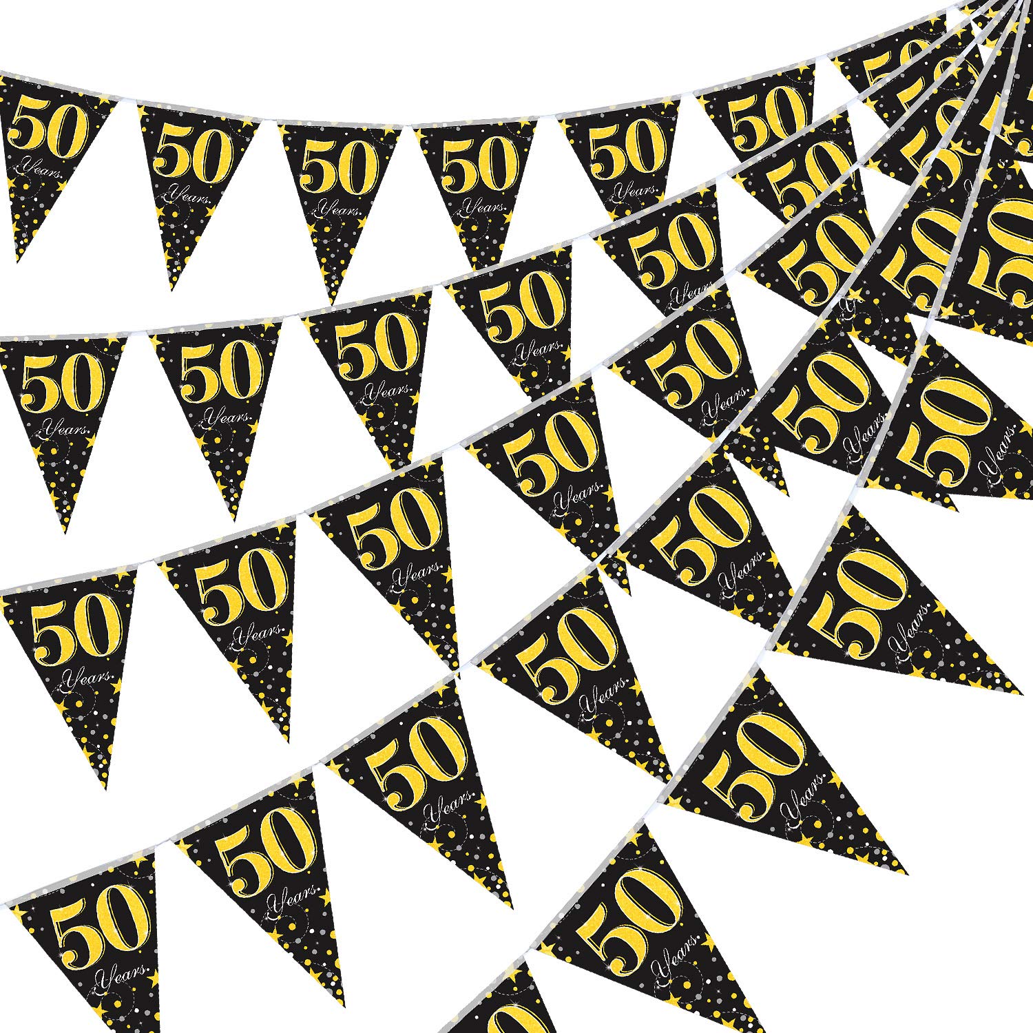 50th Birthday Party Decorations Pennant Banner, Black Golden 50 Years Triangle Flag Party Supplies for Birthday Wedding Anniversary, 7.4 x 10.8 Inch, 5 Packs