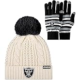 FOCO NFL unisex-adult Nfl Team Logo Adult Stretch Gloves With White Pom Cable Winter Knit Hat Beanie Set