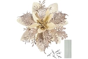 12Pcs Christmas Glitter Poinsettia Flowers, Christmas Tree Flower Decorations Artificial Flowers with Stems and Clips for Par