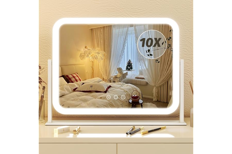 FENNIO Vanity Mirror with Lights 17”x13” Makeup Mirror with Lights,Vanity Mirror Touch Screen with 3-Color Lighting,Dimmable,for Vanity Desk Tabletop White