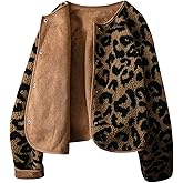 MakeMeChic Women's Cheetah Print Jackets Winter Faux Fur Coat Y2K Long Sleeve Button Down Jackets