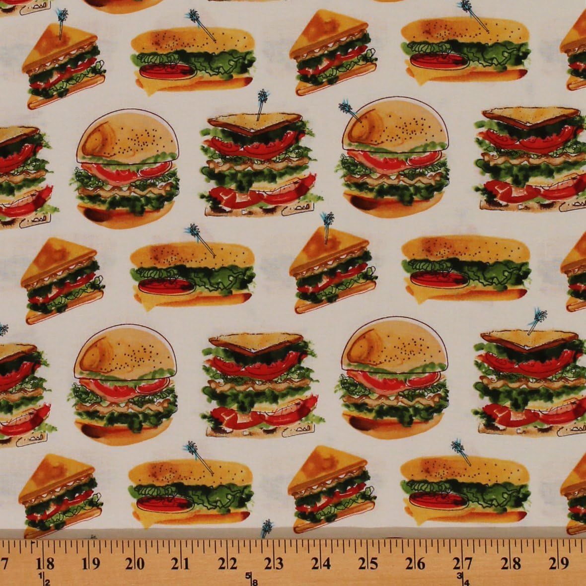 Cotton Let's Do Lunch Sandwiches Burgers White Food Cotton Fabric Print by the Yard (AMZ-15105-1)