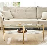Shrine Oval Coffee Table, Mid-Century Modern Design, 2-Tier Structure, Clear Glass Top and White MDF Shelf, 47" D x 21" W x 1