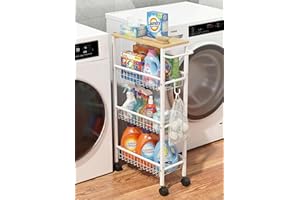 TUJURICH Rolling Utility Cart, 4-Tier Slim Narrow Storage Cart with Wheels for Kitchen, Laundry Room Organization, Metal Bathroom Organizer with Wood Top, Natural Wood Color, 17.3" x 7.9" x 32.6"